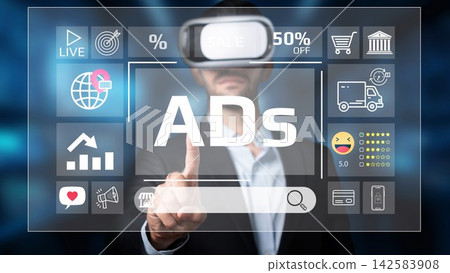 Modern Businessman Using Virtual Reality Technology to Interact with Digital Advertising Concepts and Engagement Metrics in a Futuristic Setting. Entropy 142583908