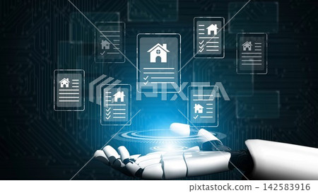 Robot Hand Holding Digital Home Documents on Futuristic Background with Data and Technology Elements for Real Estate and Innovation Concepts Gluon Robot Hand Holding Digital Home Documents on Futuristic Background with Data and Technology Elements for Real Estate and Innovation Concepts Gluon 142583916