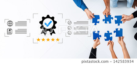 Teamwork and Collaboration for Quality Assurance in Business with Puzzle Pieces, Certification Badge, and ISO Standards Document Collaboration Cyphers. Teamwork and Collaboration for Quality Assurance in Business with Puzzle Pieces, Certification Badge, and ISO Standards Document Collaboration Cyphers. 142583934