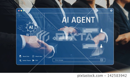 Modern Technology Featuring AI Agent Concept for Business Applications with Gestures and User Interface Elements for Engaging Experience. Raster Modern Technology Featuring AI Agent Concept for Business Applications with Gestures and User Interface Elements for Engaging Experience. Raster 142583942