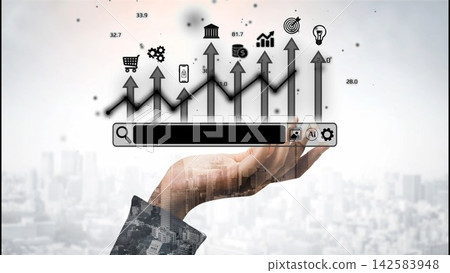 Business Growth Concept Depicted with Graph Arrows and Digital Icons Representing Success and Strategy in Modern Economy. Entropy Business Growth Concept Depicted with Graph Arrows and Digital Icons Representing Success and Strategy in Modern Economy. Entropy 142583948