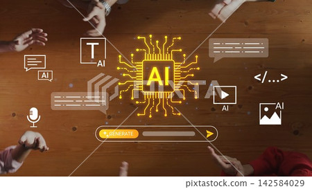 Visual representation of artificial intelligence with hands interacting with digital icons, showcasing technology, creativity, and innovation in modern industry Gluon Visual representation of artificial intelligence with hands interacting with digital icons, showcasing technology, creativity, and innovation in modern industry Gluon 142584029