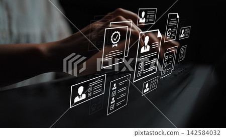 Digital Resume Creation and Evaluation Process with Abstract Graphics Representing Profiles and Qualifications on a Dark Background. Entropy 142584032