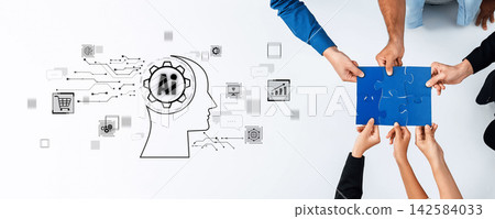 Collaboration in Artificial Intelligence Concept with Hands Holding Puzzle Pieces and Brain Graphics Representing Technology and Innovation Trope Collaboration in Artificial Intelligence Concept with Hands Holding Puzzle Pieces and Brain Graphics Representing Technology and Innovation Trope 142584033