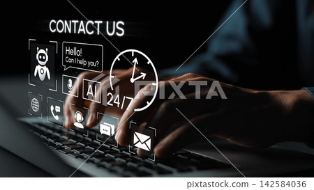 Professional Hands Typing on Keyboard with Contact Us Icons and 24-7 Service Concept in Dark Background for Customer Support and Communication. Entropy Professional Hands Typing on Keyboard with Contact Us Icons and 24-7 Service Concept in Dark Background for Customer Support and Communication. Entropy 142584036