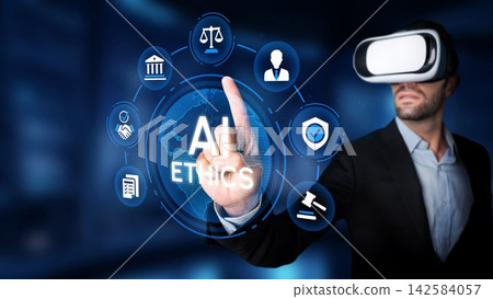 Business professional using virtual reality technology to explore ethics concepts, legal symbols, and digital communication networks in a modern office environment. Entropy Business professional using virtual reality technology to explore ethics concepts, legal symbols, and digital communication networks in a modern office environment. Entropy 142584057