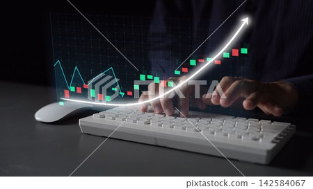 Hands Typing on Keyboard with Stock Market Data Visualization and Rising Trend Graph Displayed on Transparent Screen in Dark Environment Copula Hands Typing on Keyboard with Stock Market Data Visualization and Rising Trend Graph Displayed on Transparent Screen in Dark Environment Copula 142584067