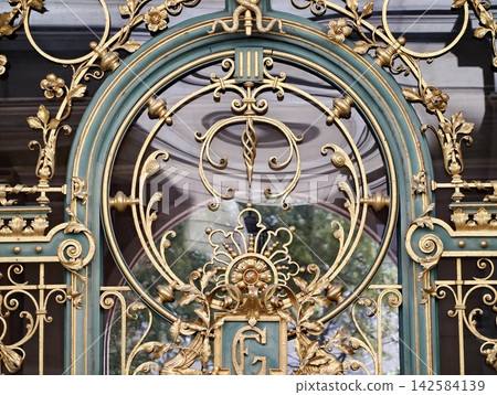 Detailed view of elegant iron gate adorned with baroque motifs and polished gilded highlights 142584139