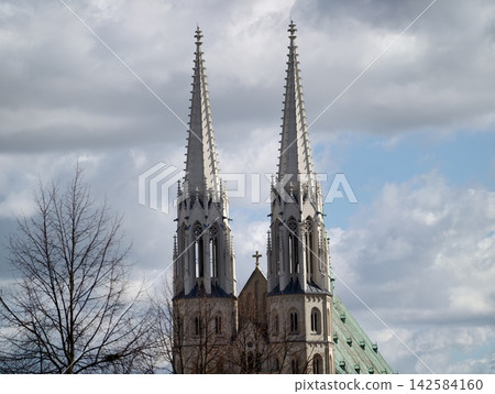 Erected spires pierce winter sky. Majestic gothic peaks soar over stark winter landscape outline Erected spires pierce winter sky. Majestic gothic peaks soar over stark winter landscape outline 142584160