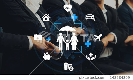 Conceptual Illustration of Family Insurance with Icons Representing Healthcare, Finance, Travel, and Protection in Modern Business Setting. Entropy Conceptual Illustration of Family Insurance with Icons Representing Healthcare, Finance, Travel, and Protection in Modern Business Setting. Entropy 142584209
