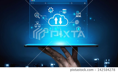 Hand Holding Tablet Displaying Cloud Computing Concepts and Digital Icons Against Dark City Background. Entropy Hand Holding Tablet Displaying Cloud Computing Concepts and Digital Icons Against Dark City Background. Entropy 142584278