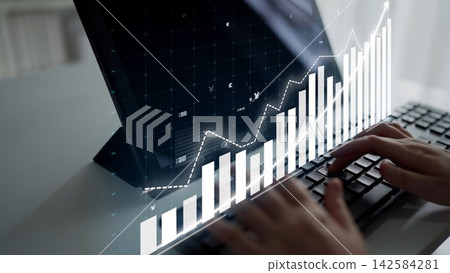 Business professional analyzing financial data on laptop with modern graphics, financial growth charts, and keyboard focus in office environment Copula Business professional analyzing financial data on laptop with modern graphics, financial growth charts, and keyboard focus in office environment Copula 142584281