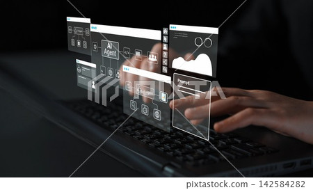 A close-up view of hands typing on a laptop, showcasing a sleek and modern user interface featuring AI elements, against a dark background to emphasize technology. Entropy A close-up view of hands typing on a laptop, showcasing a sleek and modern user interface featuring AI elements, against a dark background to emphasize technology. Entropy 142584282