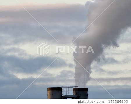 Emission monitoring with smoke details. View of smoke and infrastructure for environmental reporting Emission monitoring with smoke details. View of smoke and infrastructure for environmental reporting 142584393