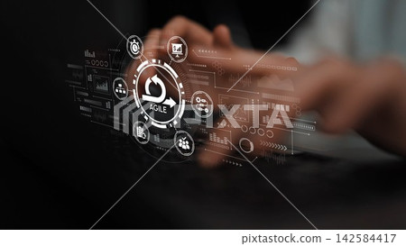 Hands on Keyboard with Agile Icons and Data Visualization in Technology, Streamlined Workflow for Project Management and Team Collaboration. Entropy 142584417