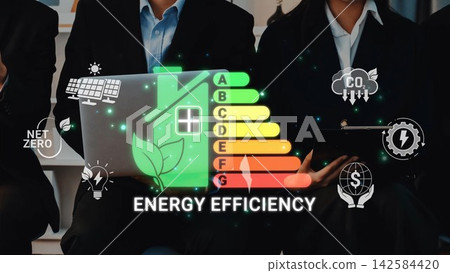A dynamic visual representation of energy efficiency concepts featuring a scale, renewable energy icons, and business professionals discussing sustainable strategies for a greener future. Sigmoid A dynamic visual representation of energy efficiency concepts featuring a scale, renewable energy icons, and business professionals discussing sustainable strategies for a greener future. Sigmoid 142584420