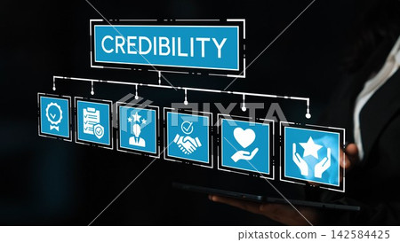 Conceptual representation of credibility in a digital format showcasing various icons such as awards, certificates, and trust symbols to illustrate trust and reliability. Entropy Conceptual representation of credibility in a digital format showcasing various icons such as awards, certificates, and trust symbols to illustrate trust and reliability. Entropy 142584425