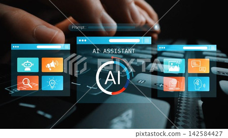Interactive AI Assistant Concept with Digital Interface and Keyboard Background Displaying Icons and Prompts for User Engagement and Productivity Gluon Interactive AI Assistant Concept with Digital Interface and Keyboard Background Displaying Icons and Prompts for User Engagement and Productivity Gluon 142584427