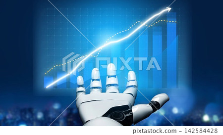 Futuristic Robot Hand Reaching Towards a Financial Growth Graph Against a Dynamic Blue Background with Bright Light Effects and High-Tech Vibe Copula 142584428