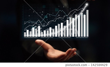 Business hand holding digital graph showing upward trend with bar and line charts, data analysis, financial growth, and market success concept Copula 142584429