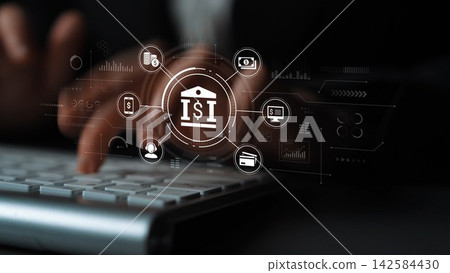 Digital Banking Concept with Virtual Icons Representing Financial Transactions and Services, Hands on Keyboard with Animated Graphics Overlay. Entropy Digital Banking Concept with Virtual Icons Representing Financial Transactions and Services, Hands on Keyboard with Animated Graphics Overlay. Entropy 142584430