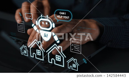 User Interacting with AI Assistant for Property Management and Financial Assistance, Featuring Digital Graphics and Home Icons on Laptop Screen Gluon User Interacting with AI Assistant for Property Management and Financial Assistance, Featuring Digital Graphics and Home Icons on Laptop Screen Gluon 142584443