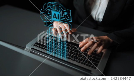 Businessperson Using Laptop with Artificial Intelligence Interface and Data Stream, Digital Technology Concept in Modern Workspace Gluon Businessperson Using Laptop with Artificial Intelligence Interface and Data Stream, Digital Technology Concept in Modern Workspace Gluon 142584447