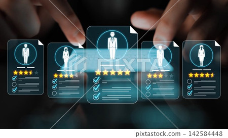 This image illustrates a digital evaluation process for job candidates, showcasing profiles with ratings and reviews on a sleek virtual interface, emphasizing modern recruitment technology. Sigmoid This image illustrates a digital evaluation process for job candidates, showcasing profiles with ratings and reviews on a sleek virtual interface, emphasizing modern recruitment technology. Sigmoid 142584448