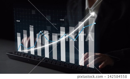 Professional businessman analyzing financial growth chart with digital graph overlay on dark background, showing success and upward trend in market performance Copula Professional businessman analyzing financial growth chart with digital graph overlay on dark background, showing success and upward trend in market performance Copula 142584558