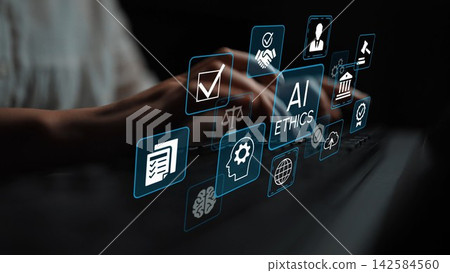 Hands Engaged in Digital Interaction with AI Ethics Icons Representing Responsibility, Governance, and Technology in Modern Society. Entropy Hands Engaged in Digital Interaction with AI Ethics Icons Representing Responsibility, Governance, and Technology in Modern Society. Entropy 142584560