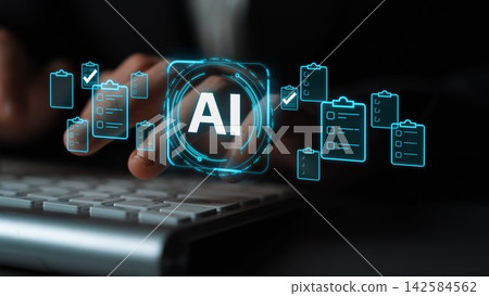 Hands Typing on Keyboard with Interactive AI Technology Icons and Digital Checklists Representing Modern Data Management Solutions. Entropy Hands Typing on Keyboard with Interactive AI Technology Icons and Digital Checklists Representing Modern Data Management Solutions. Entropy 142584562