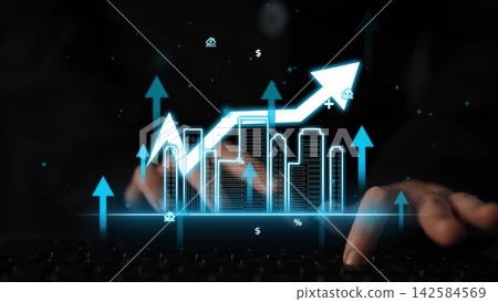Digital Graph of Economic Growth with Arrows Pointing Upward Against a Dark Background with Urban Skyline and Business Symbols. Entropy Digital Graph of Economic Growth with Arrows Pointing Upward Against a Dark Background with Urban Skyline and Business Symbols. Entropy 142584569