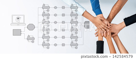 Team Collaboration Concept with Hands Over Graphical Flowchart and Laptop, Symbolizing Cooperation, Strategy, and Innovation in Business Environment Quark Team Collaboration Concept with Hands Over Graphical Flowchart and Laptop, Symbolizing Cooperation, Strategy, and Innovation in Business Environment Quark 142584579