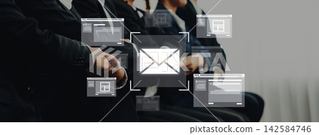 Digital Communication in Professional Environment with Email Symbol and Business Attire at Conference or Meeting for Modern Workplace Collaboration Trope Digital Communication in Professional Environment with Email Symbol and Business Attire at Conference or Meeting for Modern Workplace Collaboration Trope 142584746