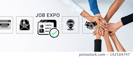 Collaborative Team Effort for Job Expo with Hands Overlaid on Job Icons Representing Employment Opportunities and Networking. Glyphic 142584747