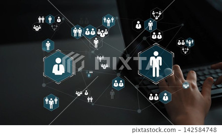 Digital connection concept with abstract network icons showing people, collaboration, and communication on a laptop background for social networking themes Gluon Digital connection concept with abstract network icons showing people, collaboration, and communication on a laptop background for social networking themes Gluon 142584748