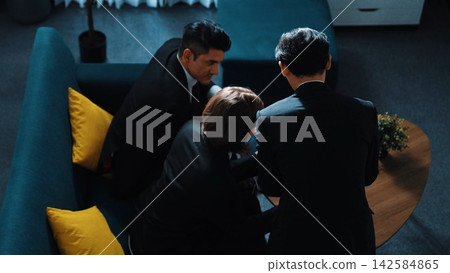 Top view of people walking out of room while team analyze graph. Directorate. Top view of people walking out of room while team analyze graph. Directorate. 142584865