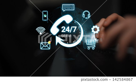 24-7 Customer Service Concept with Icons Representing Communication, Technology, and Support on a Dark Background. Entropy 24-7 Customer Service Concept with Icons Representing Communication, Technology, and Support on a Dark Background. Entropy 142584867