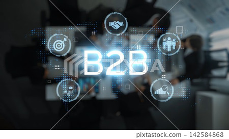 Business-to-Business Collaboration Concept with Digital Graphics, Modern Technology Interface, and Symbolic Icons Representing Partnerships. Raster Business-to-Business Collaboration Concept with Digital Graphics, Modern Technology Interface, and Symbolic Icons Representing Partnerships. Raster 142584868