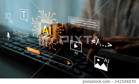 Futuristic Digital Workspace Featuring Artificial Intelligence Technology and User Interaction Concept with Keyboard and Symbols Representing Innovation Gluon 142584870