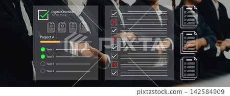 Digital Checklist for Project Management with Tasks and Progress Indicators in a Business Setting. Glyphic Digital Checklist for Project Management with Tasks and Progress Indicators in a Business Setting. Glyphic 142584909