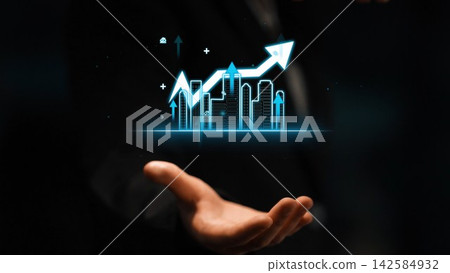 Businessman Holding Digital Growth Graph with Cityscape in Background, Symbolizing Economic Progress and Innovation for Financial Success. Entropy Businessman Holding Digital Growth Graph with Cityscape in Background, Symbolizing Economic Progress and Innovation for Financial Success. Entropy 142584932
