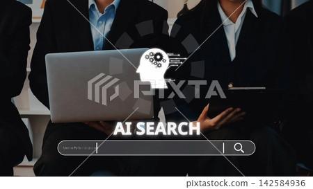 Business professionals engaged in a modern AI search concept showcasing technology integration in corporate environments and innovative solutions for productivity. Raster Business professionals engaged in a modern AI search concept showcasing technology integration in corporate environments and innovative solutions for productivity. Raster 142584936