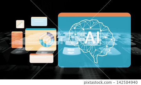 Abstract representation of artificial intelligence with digital elements, data visualization charts, and a futuristic brain design on a dark keyboard background Gluon Abstract representation of artificial intelligence with digital elements, data visualization charts, and a futuristic brain design on a dark keyboard background Gluon 142584940