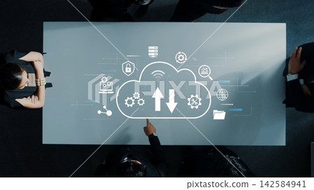 Business Team Collaboration on Digital Cloud Strategy with Graphic Icons Representing Data Upload and Download Processes. Entropy Business Team Collaboration on Digital Cloud Strategy with Graphic Icons Representing Data Upload and Download Processes. Entropy 142584941