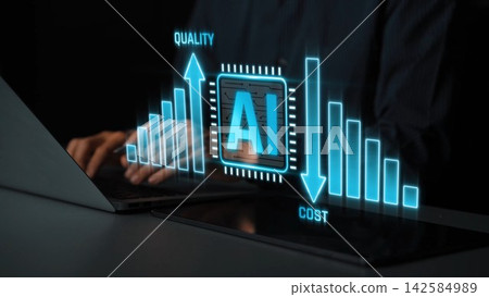 A digital interface showcasing AI influence on quality and cost in business settings, with a person typing on a laptop, symbolizing modern technology and innovation. Sigmoid A digital interface showcasing AI influence on quality and cost in business settings, with a person typing on a laptop, symbolizing modern technology and innovation. Sigmoid 142584989