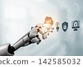 Futuristic Robotic Hand Interacting with SaaS and AI Icons on Digital Background Illustrating Technological Innovation and Cloud Computing Concepts Ledger 142585032