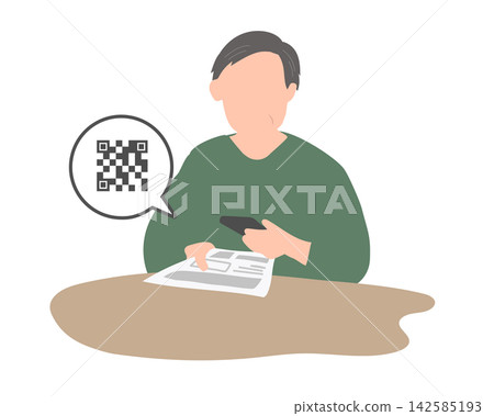 一位中年男子用智慧型手機掃描文件上的二維碼進行驗證。 142585193