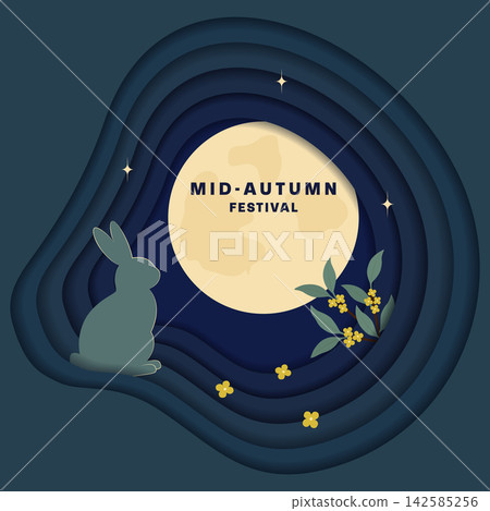 Paper cut Mid Autumn festival Design With Jade Rabbit, bloom osmanthus twigs and buds and Full moon. Isolated Vector illustration Mid Autumn holiday Greeting card, poster, media template, invite, tag 142585256