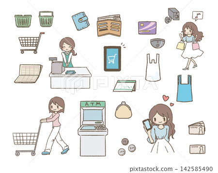 Shopping and money illustration set Shopping and money illustration set 142585490